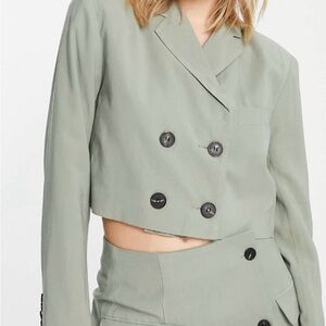 Top Shop Women's Sage Green Double-Breasted Cropped Blazer